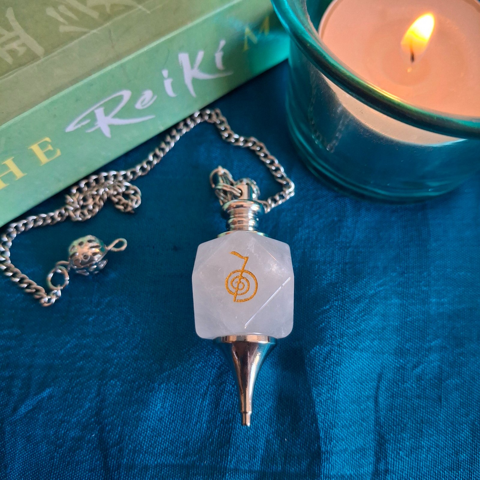 Clear quartz Reiki pendulum engraved Cho Ku Rei Reiki power symbol and metal point