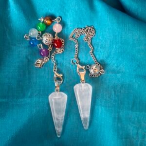 Clear quartz pendulum variations - silver chain and 7 chakra bead chain for Reiki