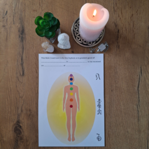 Distance Reiki Board with chakra outline and aura field – visual guide for focused and confident distance healing