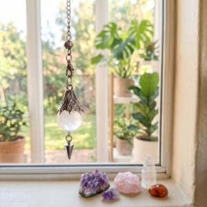 Clear quartz ball pendulum with metal point hanging in a bright Reiki therapy room with crystals.